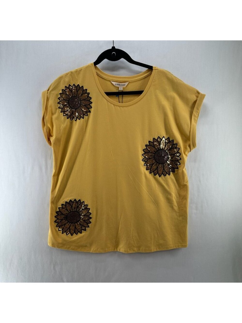 Mesh Love Sunflower Sequin Embellished Tee Top Womens L Cuffed Crew Neck Yellow